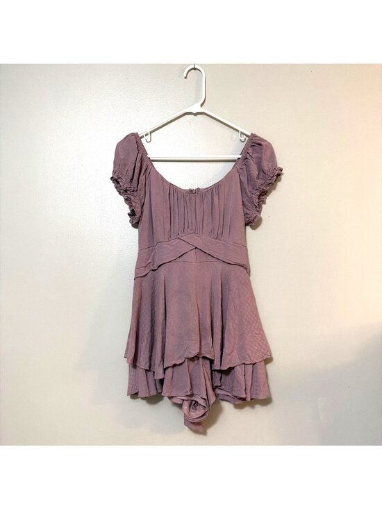 Altard State Pants - Altard State Mauve Ruffled Short Dress With Tie Waist & Puff Sleeves Coquette